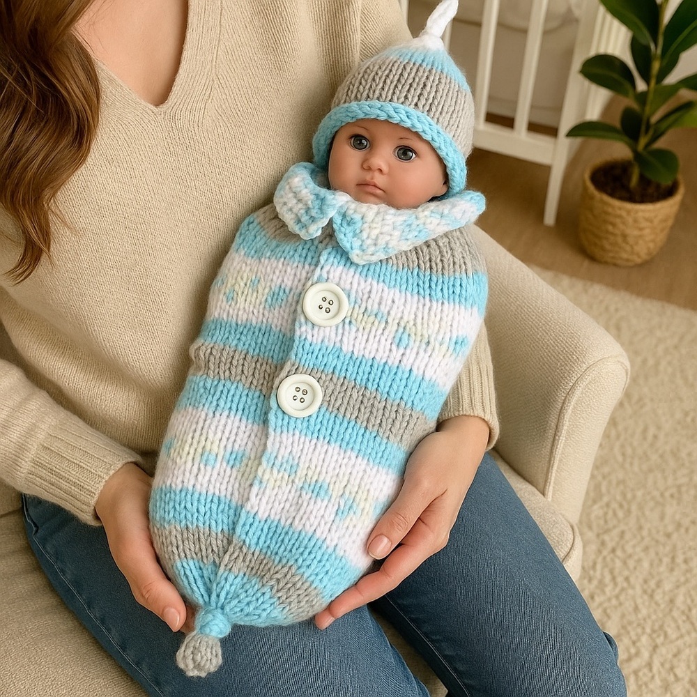 Baby Cocoon Hand Crafted Newborn Swaddle Blue White Grey Photo Prop One Piece